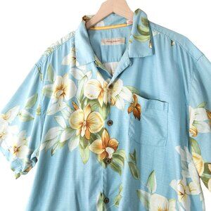 Tommy Bahama 100% Silk Hawaiian Shirt XL Blue Floral Aloha Camp Coastal